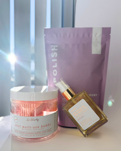 Blissful Retreat 🌿 Home Spa Kit: 1 Multi-use mini bomb + 1 Body Oil + 1 Body Polish